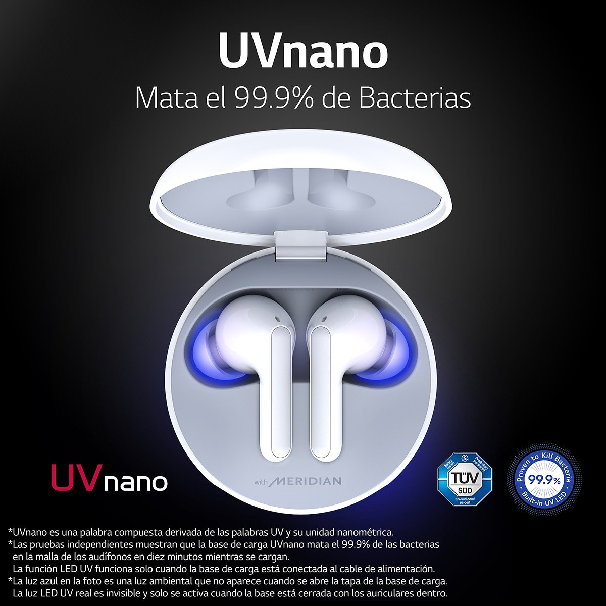 LG Tone Free Fn6 - Aud&iacute;fonos Inal&aacute;mbricos Bluetooth con Uvnano Mata el  99.9% de Bacterias - Blancos