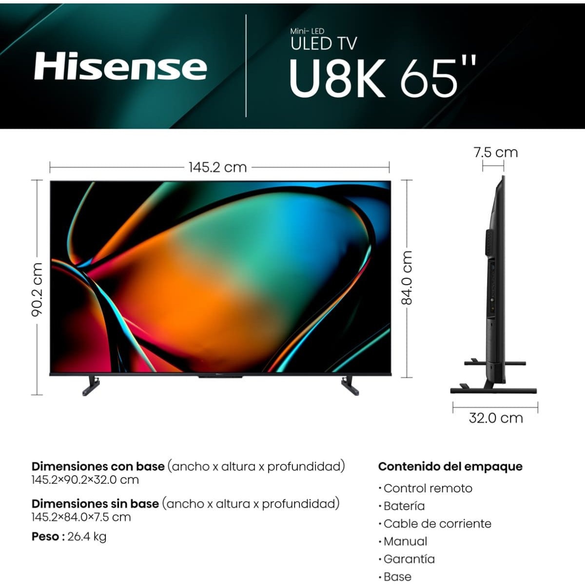 Pantalla Hisense 65" Miniled 4K Android 65U8K