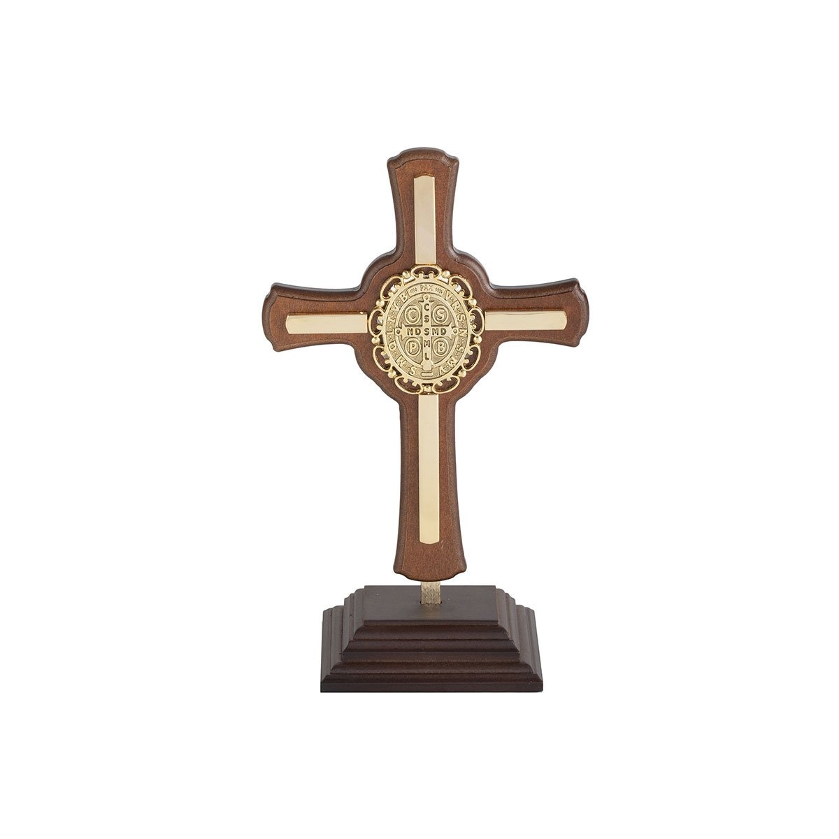 Cruz de Madera San Benito Dorada con Base Jorvina