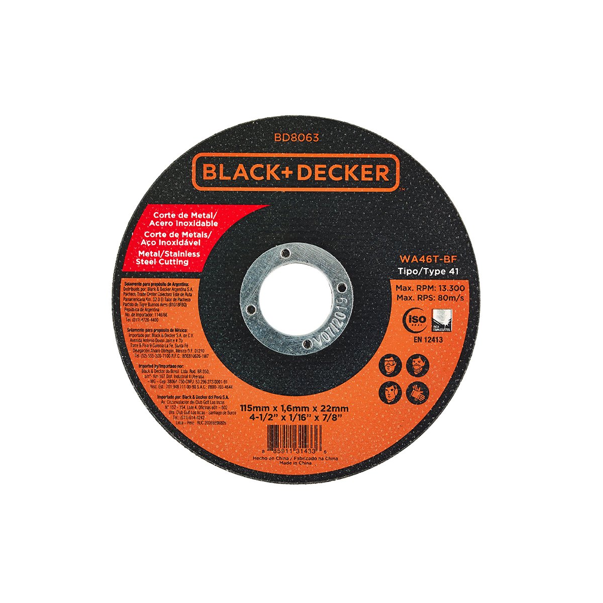 B+D Disco Ultra Delgado Corte Metal 4 1/2 X 1/16 X 7/8 Pulg Tipo 1