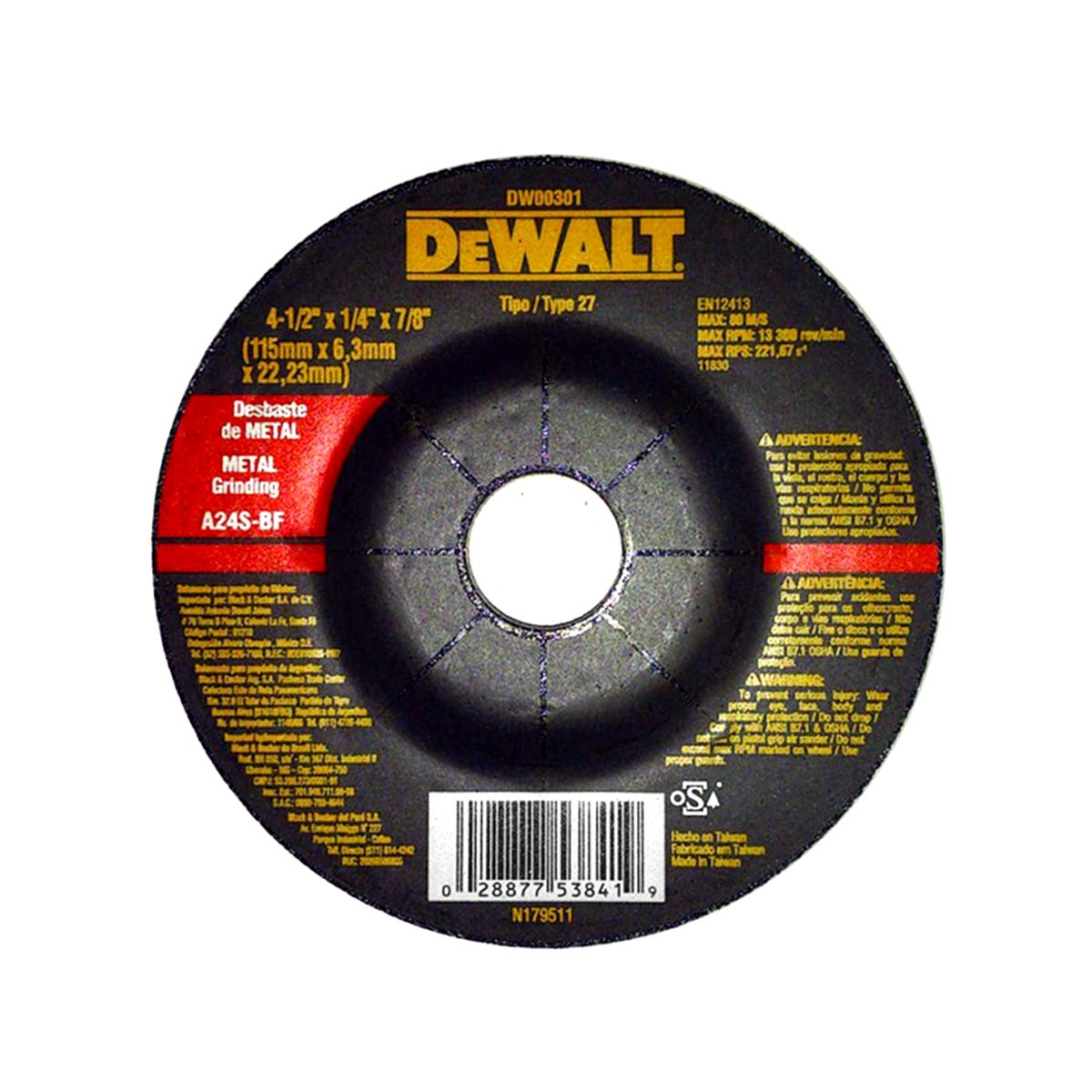 Dewalt Disco Abrasivo de Devaste 4 1/2 X 1/4 X 7/8 Pulg Tipo 27