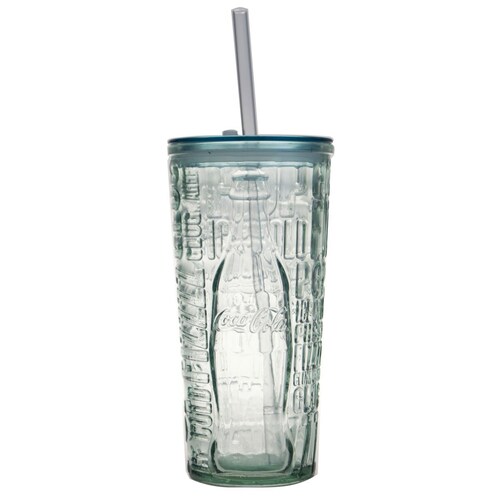 Vaso Coca-Cola  con Tapa Popote de  Vidrio San Miguel