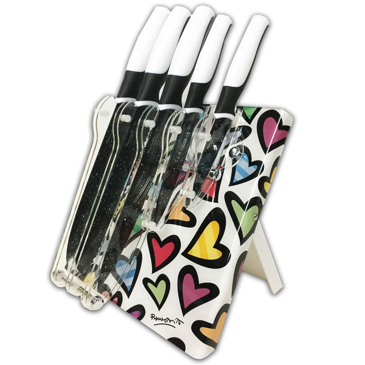 Set de 5 Cuchillos Mas 1 Block Corazones Romero Britto