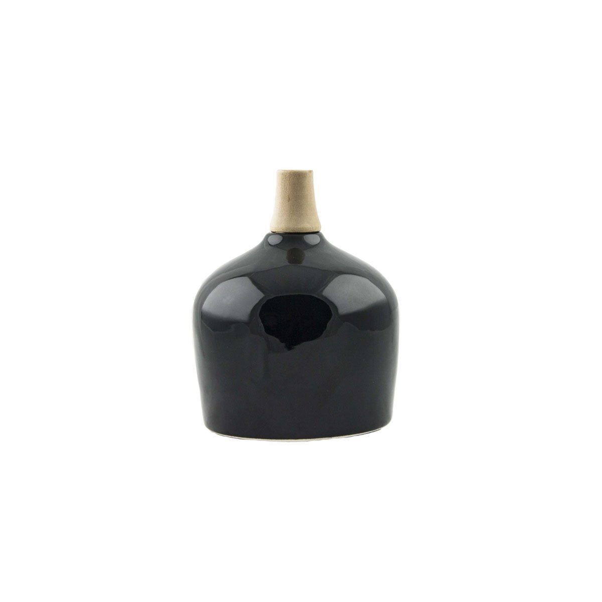 Florero Redondo de Cerámica Moluccan Mediano Negro con Cuello de Madera Home Nature