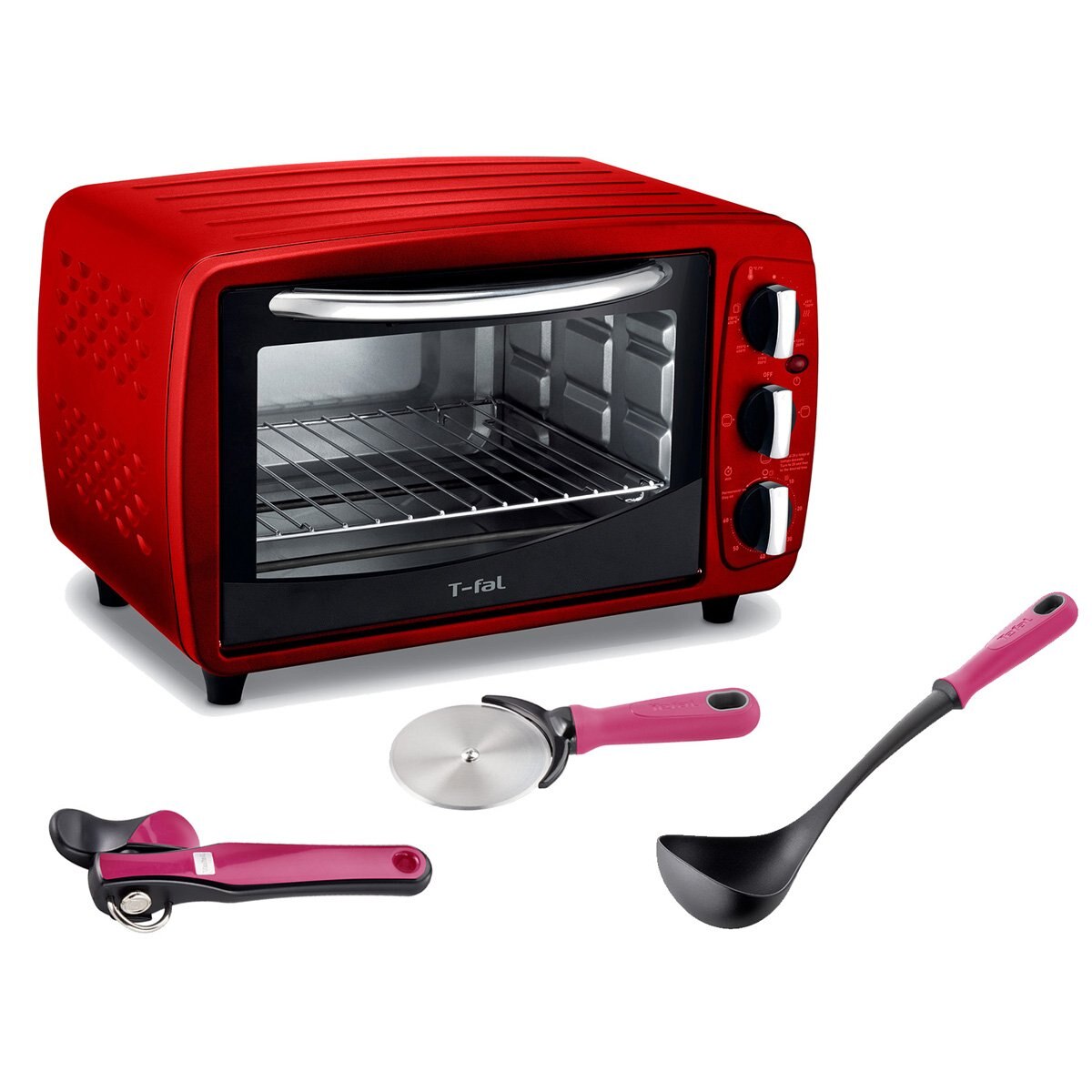 Paquete de Horno Rojo, Cortador de Pizza, Cucharón y Abrelatas T-Fal