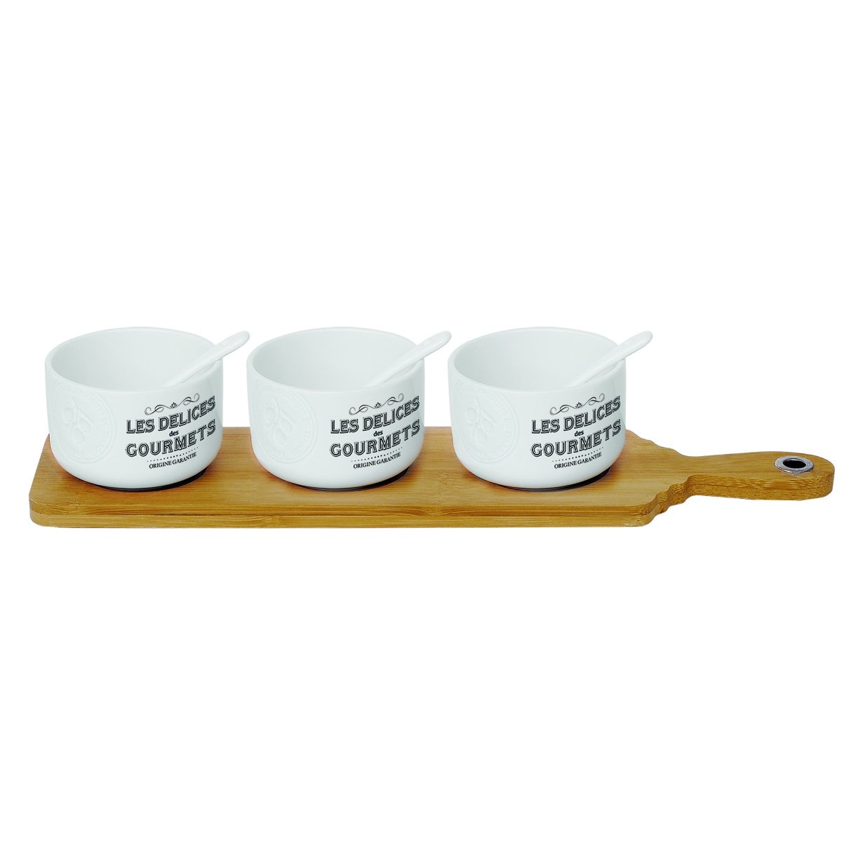 Set 3 bowls botanero porcelana con cuchara y tabla bamboo ...