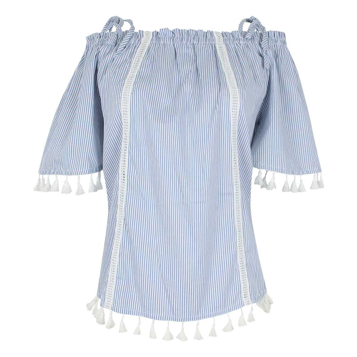 Blusa Manga Corta a Rayas con Pompones Just By Basel