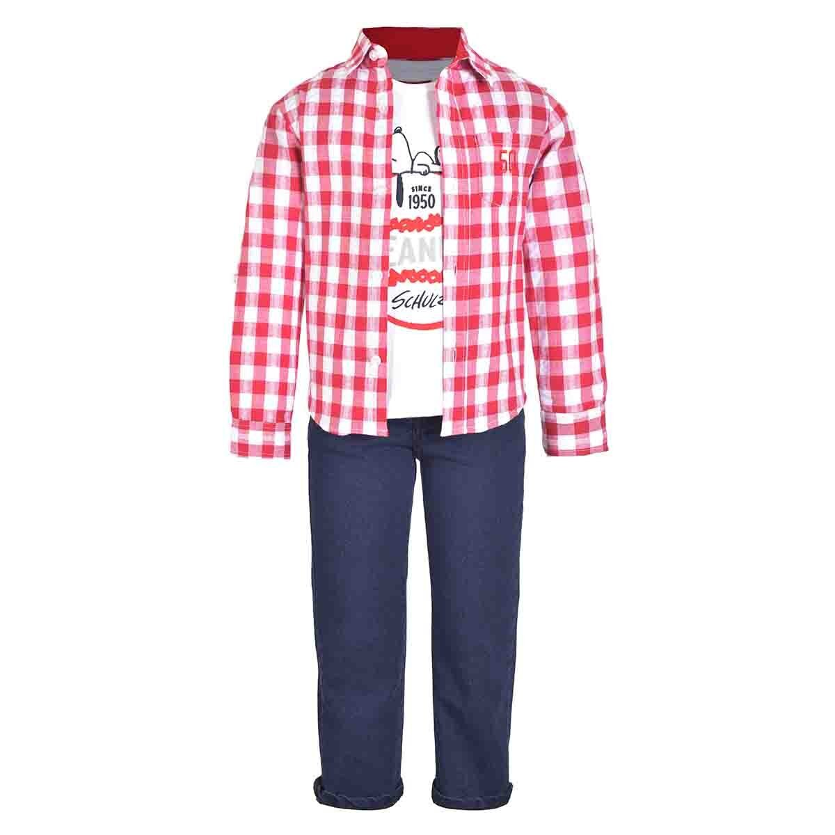 Conjunto 3 Piezas Camisa Manga Larga Arremangable con Playera Manga Corta y Pantalón Snoopy