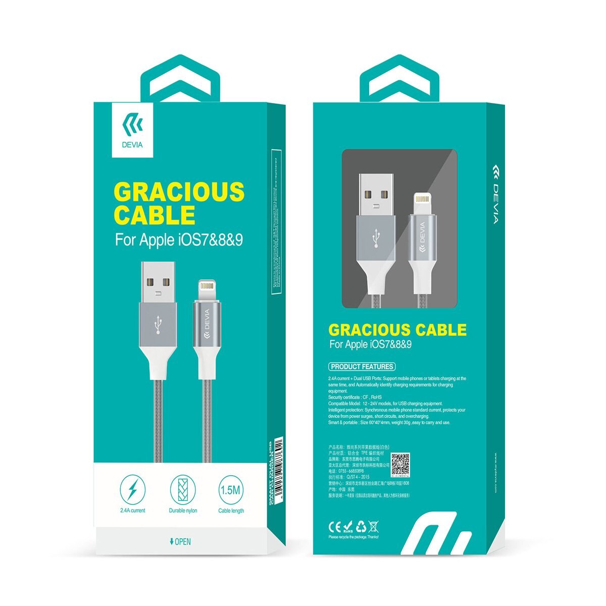 Cable Usb Gracious 1.5M Iphone Gris Devia
