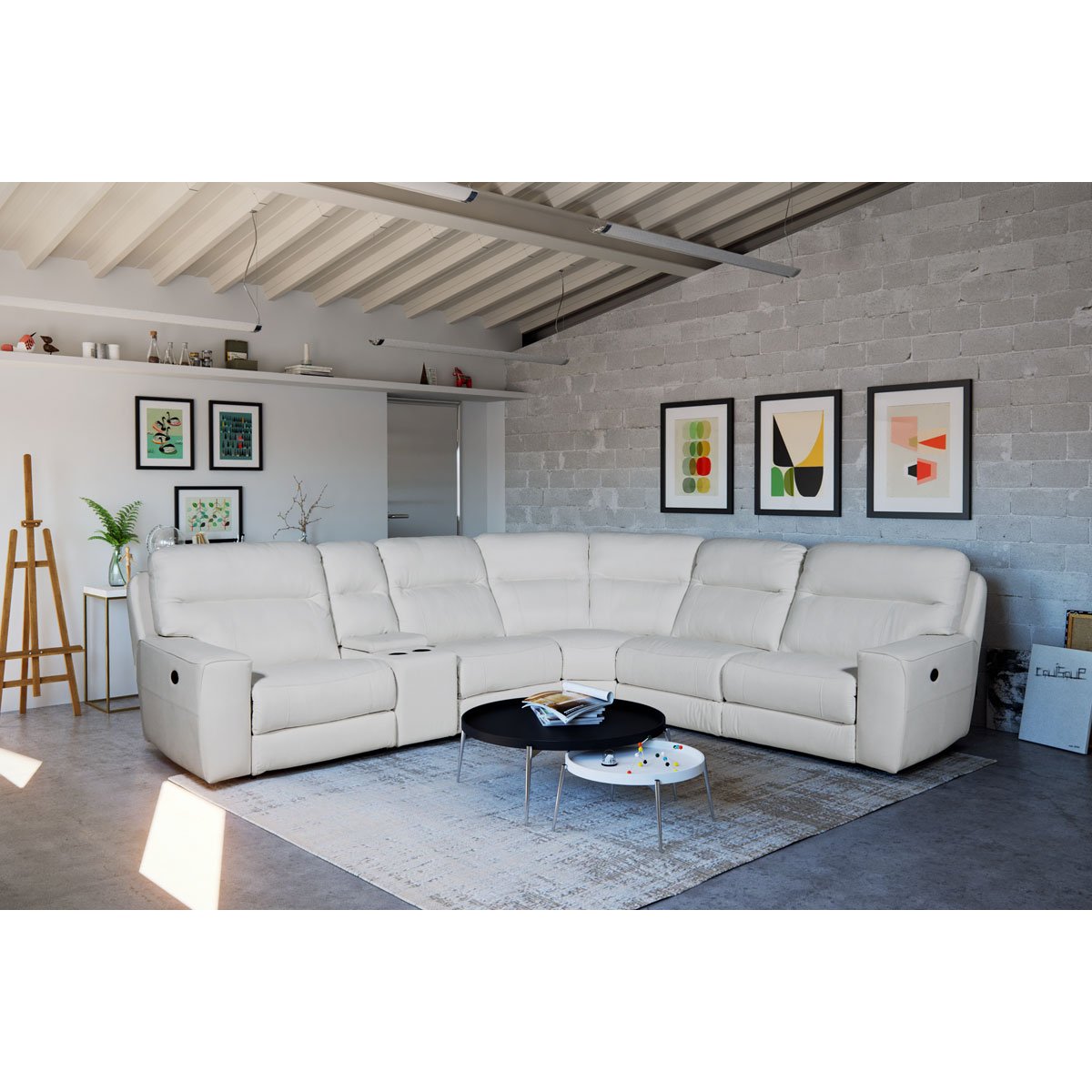 Sala Seccional Indy Curva con Consola Ele Y Cabecera Piel Bull Vinil Blanca Boal