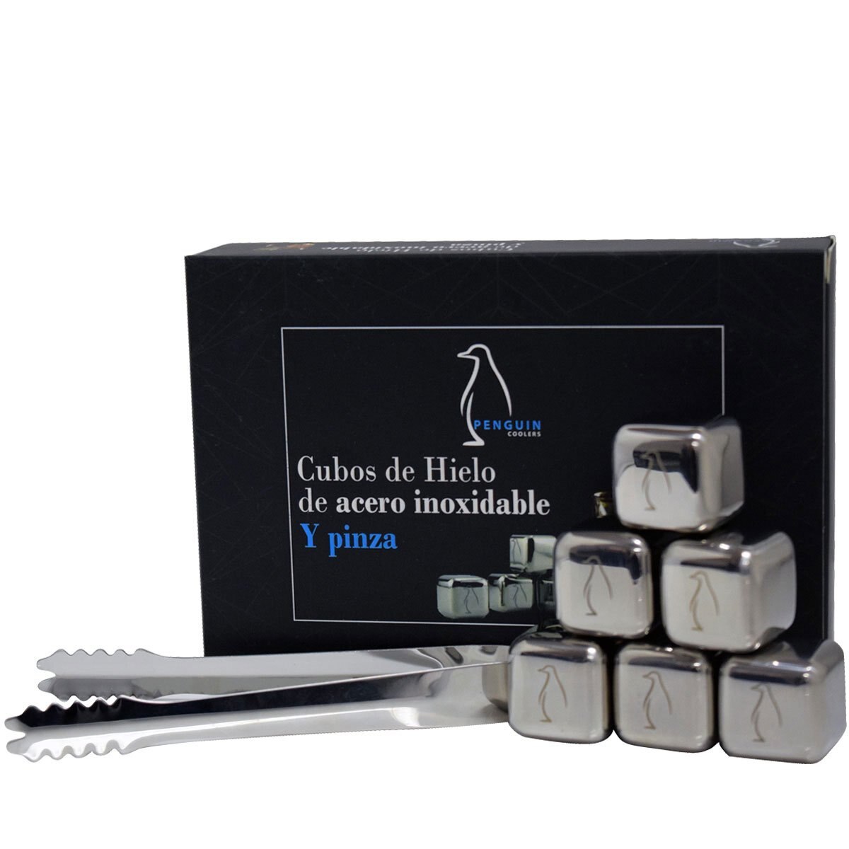 Paquete 6 Cubos Forma de Hielo Acero Inoxidable y Pinza Penguin Coolers