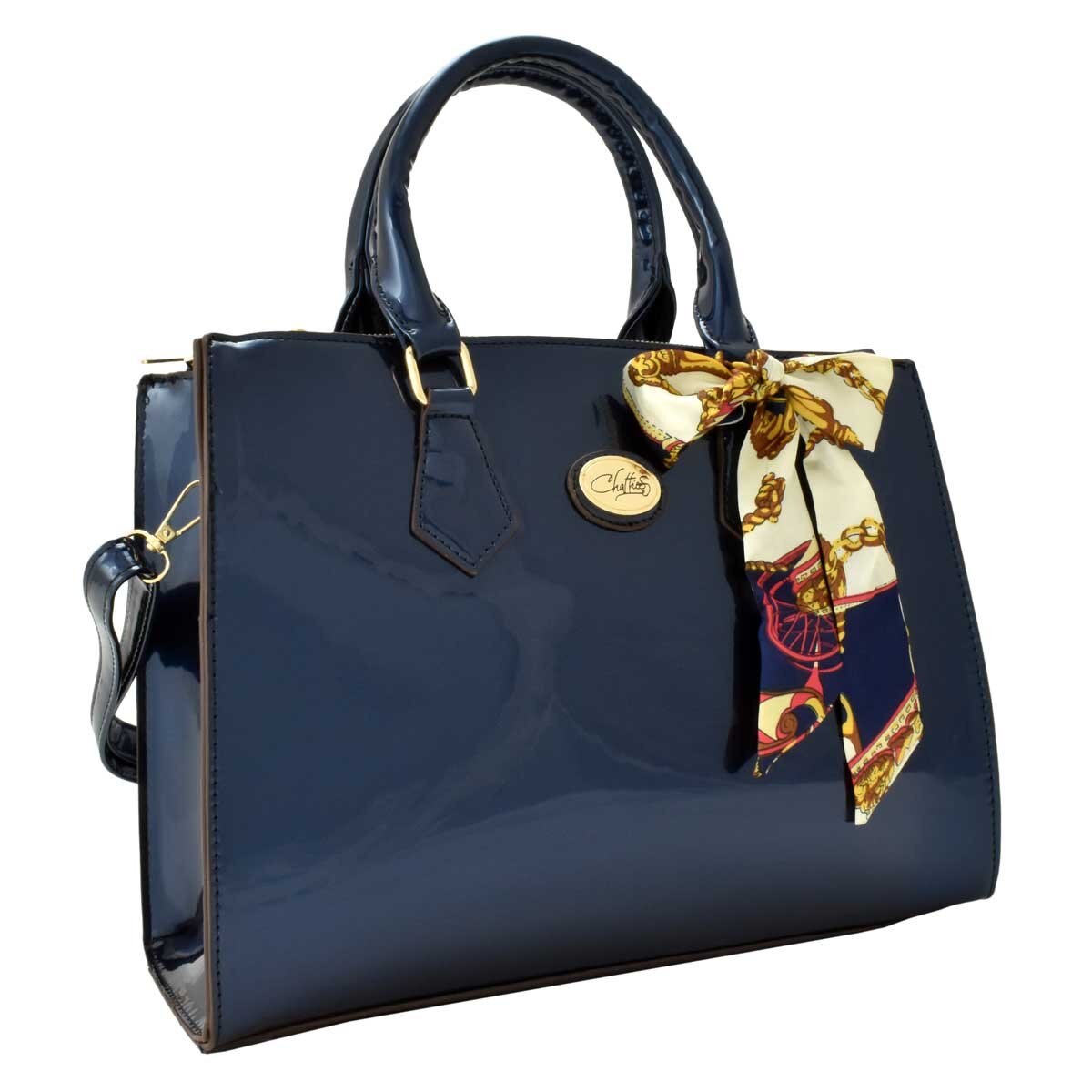 Bolso Tote Color Azul en Charol con Moño de Pañoleta Chatties