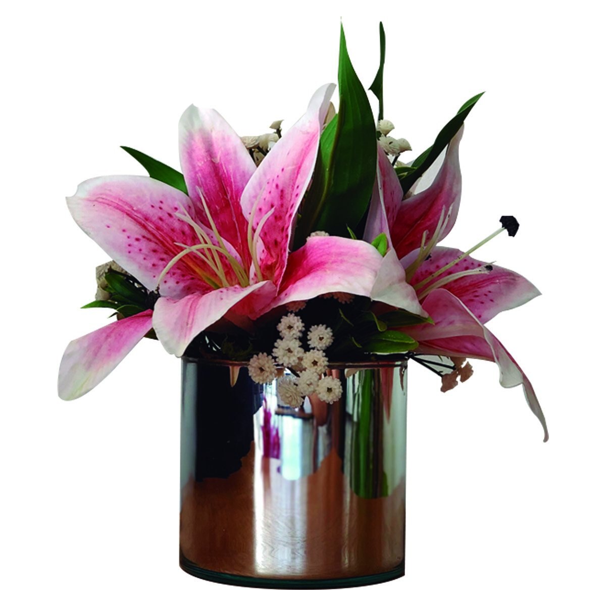Lilys Blanco con Rosa en Cilindro de Vidrio Soplado Plateado el Ático