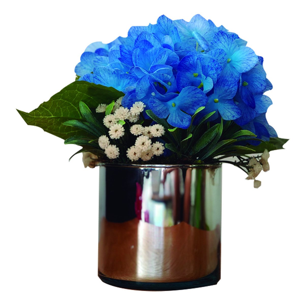 Hortensia Azul Natural Touch en Cilindro de Vidrio Soplado Plateado el Ático