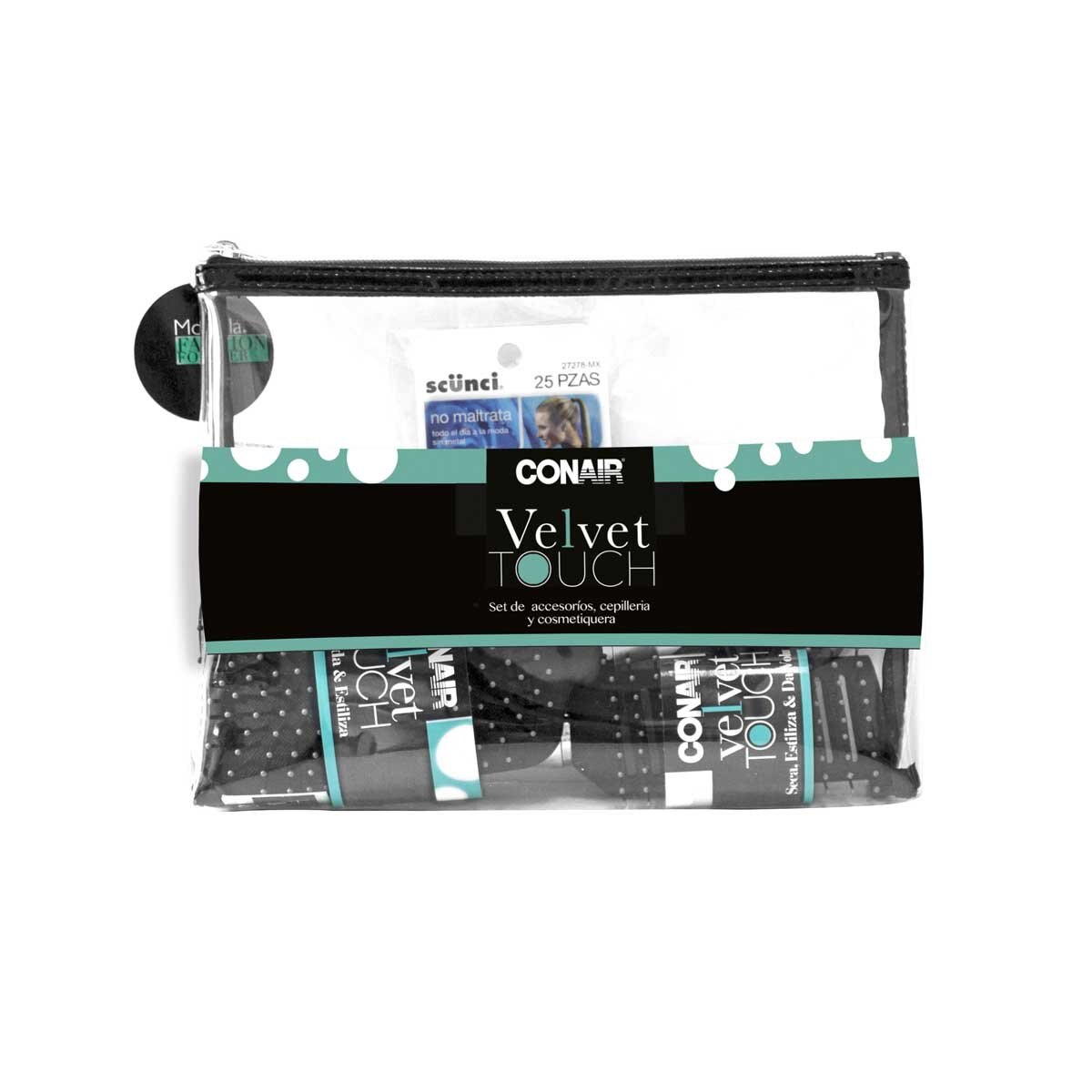 Set con Cepillo Ventilado, Cepillo de Pala Ligas Elásticas y Cosmetiquera Scunci