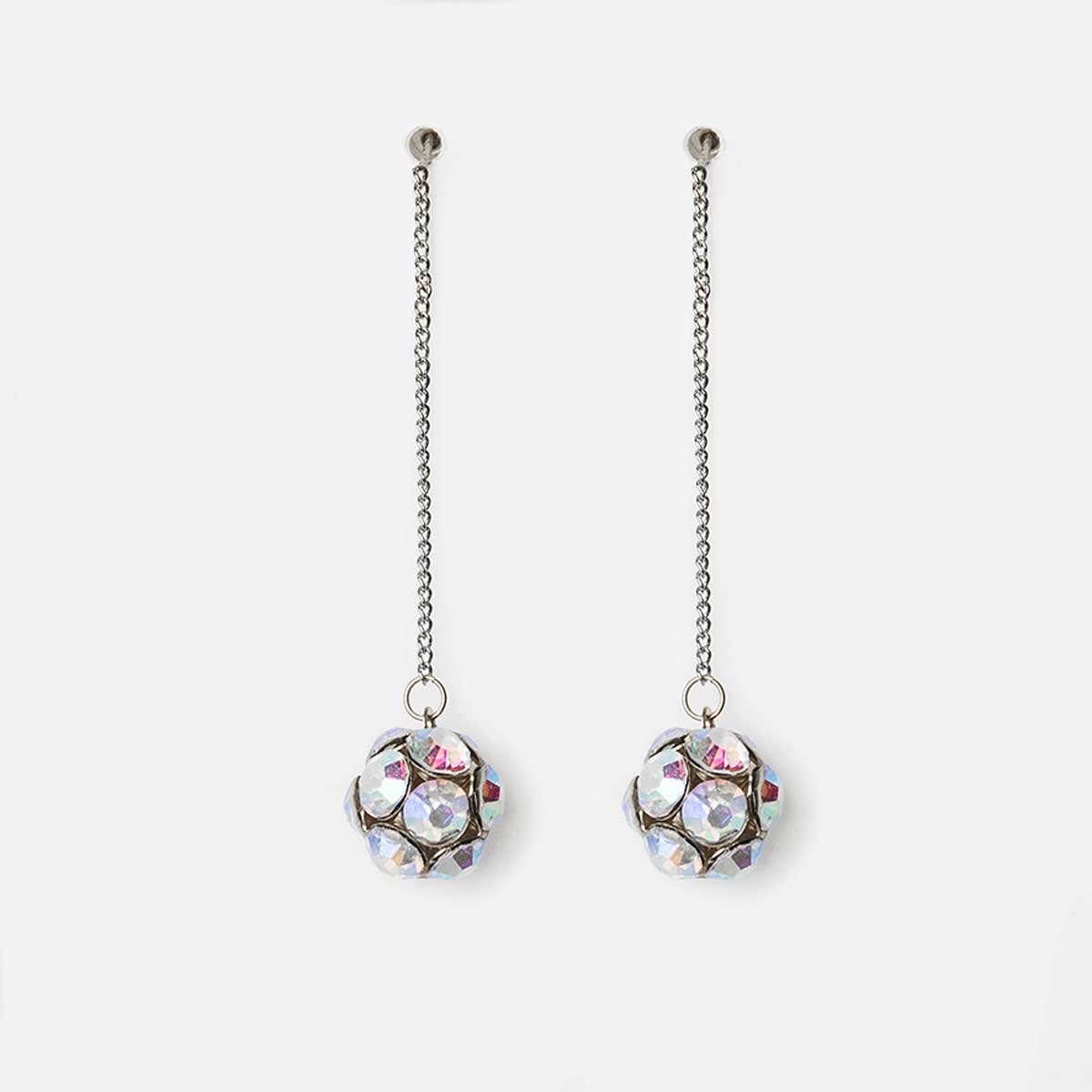 Aretes Tira Y Esfera de Cristales Incrustados Plateado Wonder Charms