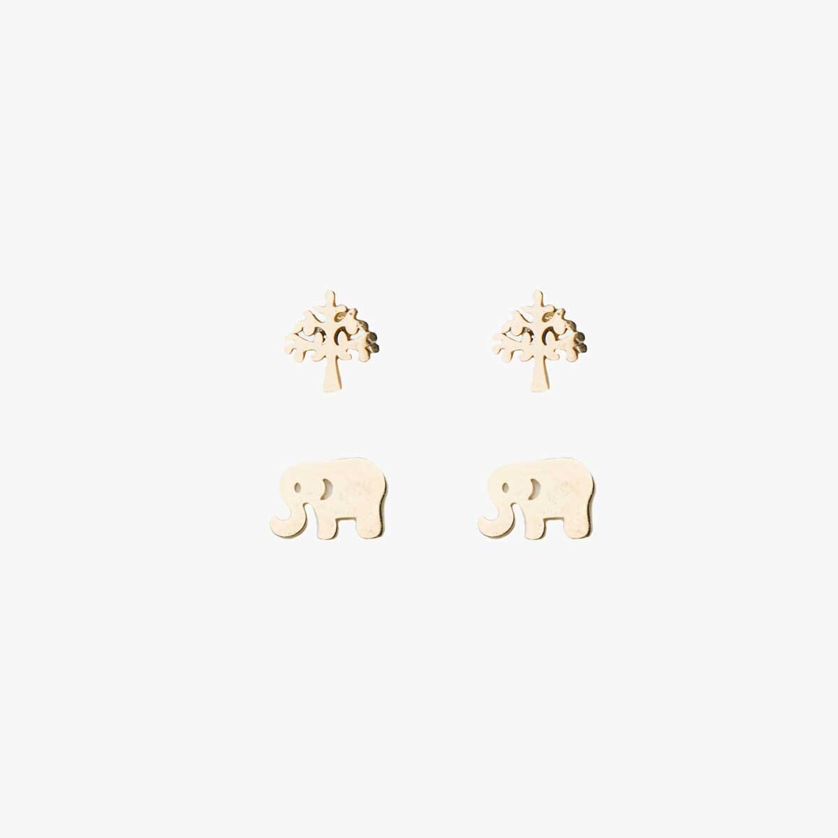 Set Aretes Árbol de la Vida Y Elefantes Acabado Dorado Wonder Charms