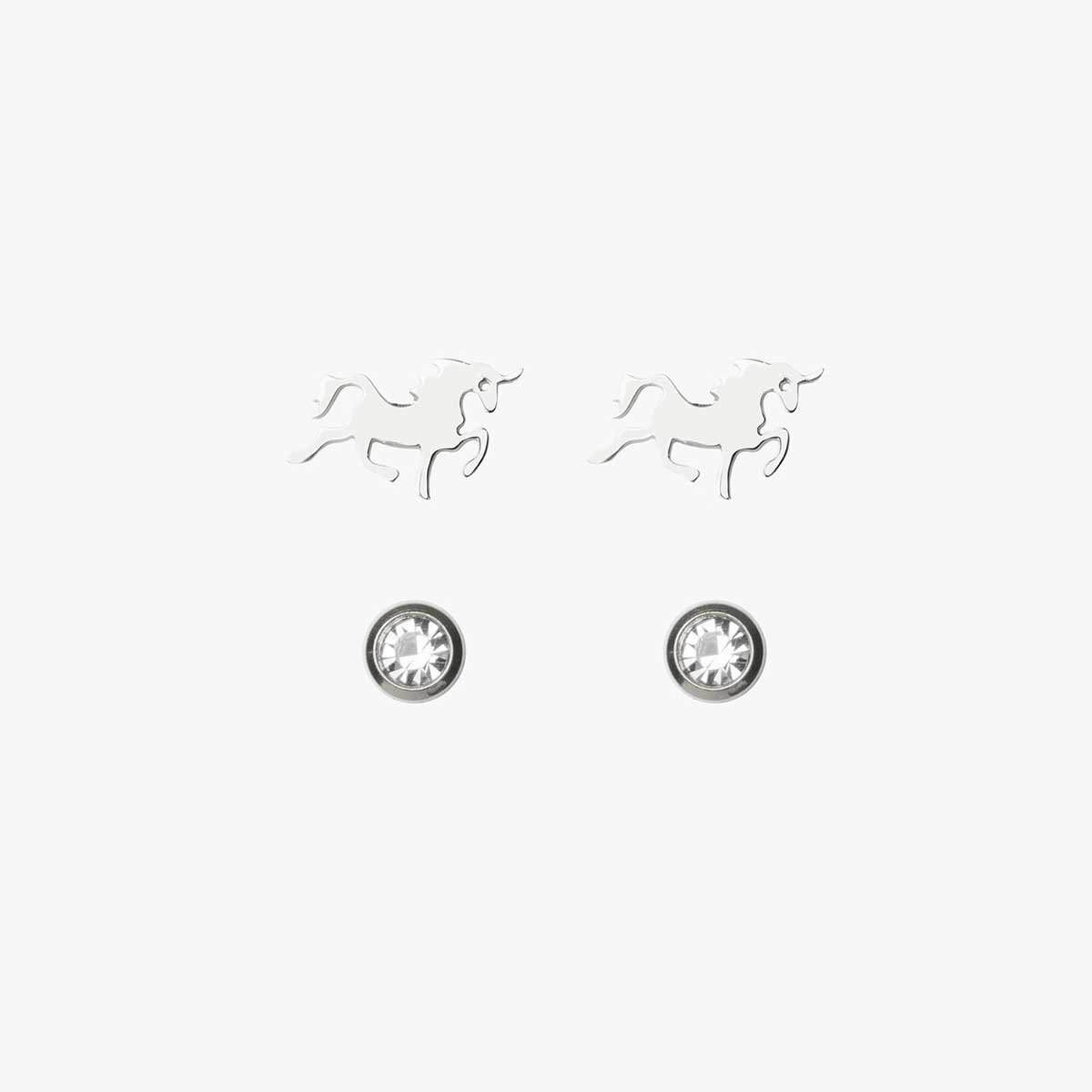 Set Aretes Broquel de Cristal y Unicornios Acabado Plateado Wonder Charms
