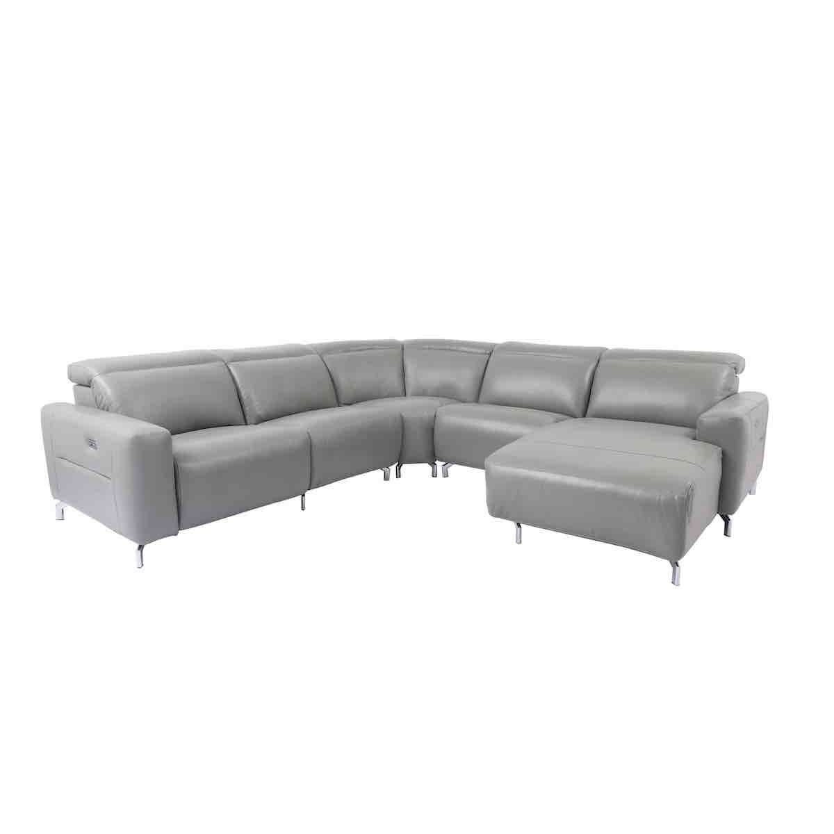 Sala Modular Milán de 5 Piezas con Reclinable y Chaise Electrico con Entradas de Usb Piel Gris Cheers