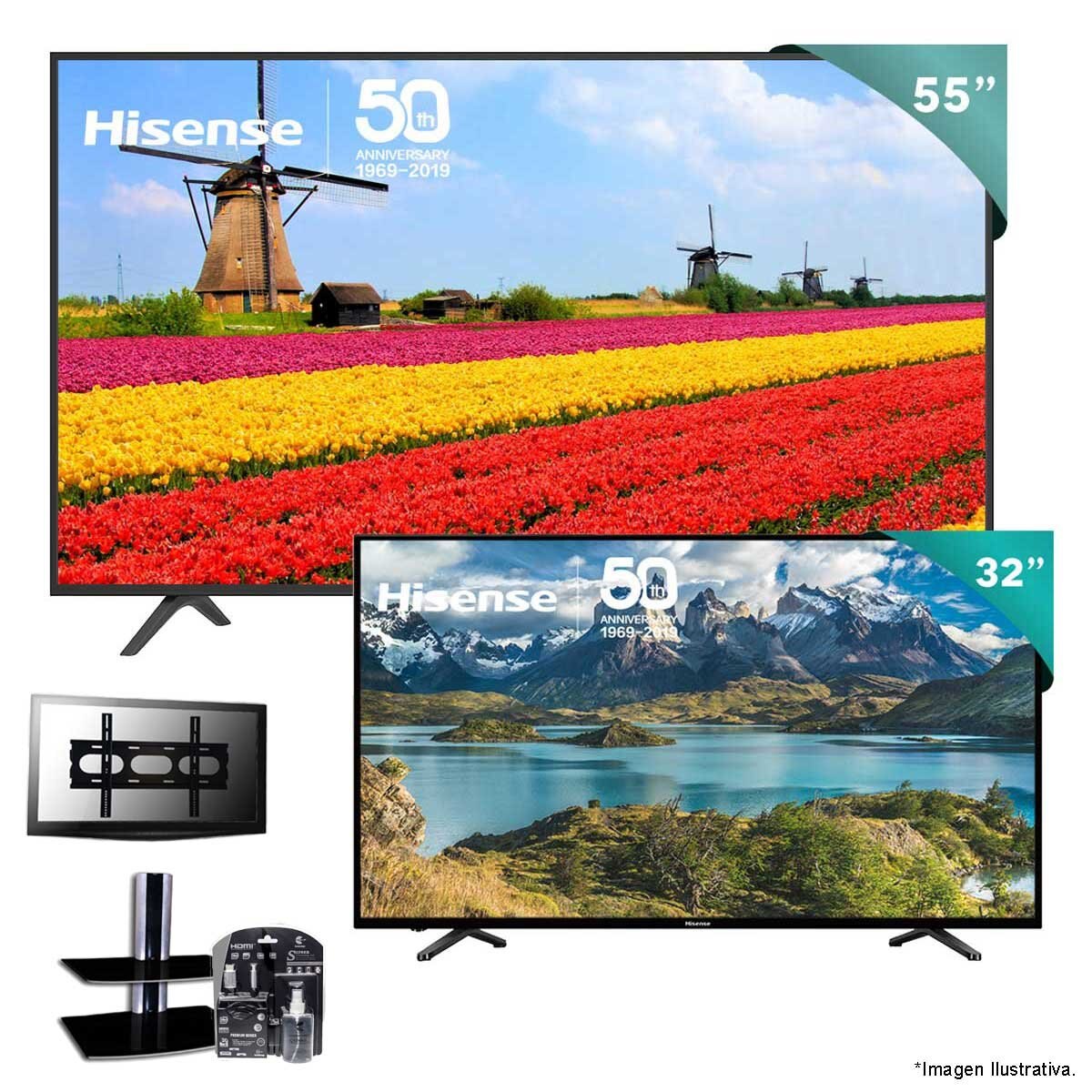Paquete Pantalla Led Uhd 55" 55H6F + Pantalla Hd 32" 32H3D1 Hisense + Soporte y Accesorios