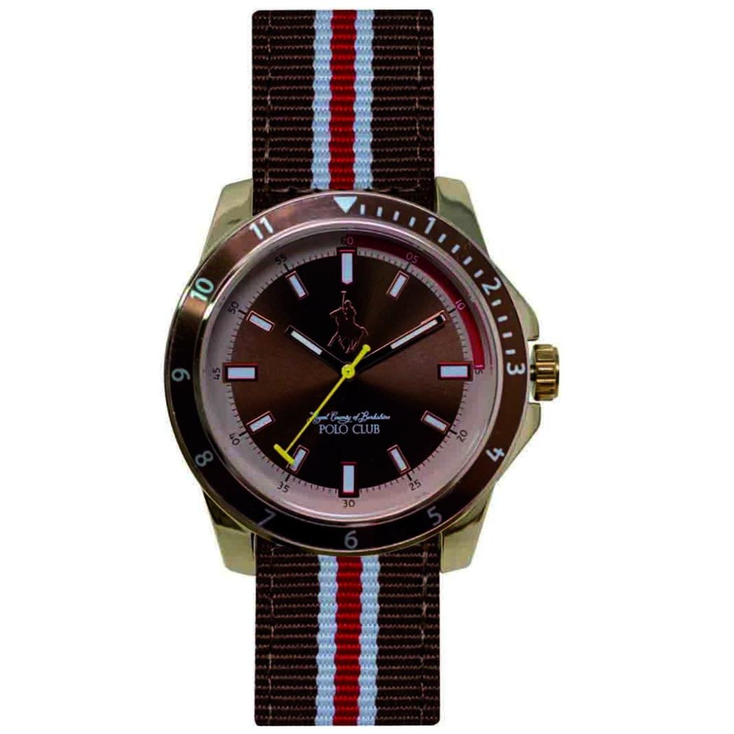 Reloj para Caballero Color Café con Franjas Rojo Y Blanco Polo Club
