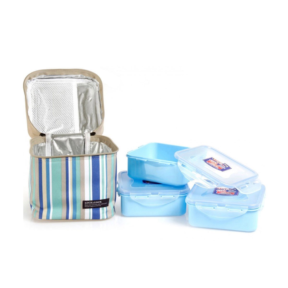 Lonchera Azul Rayada con Tres Contenido 870 Ml Lock&lock