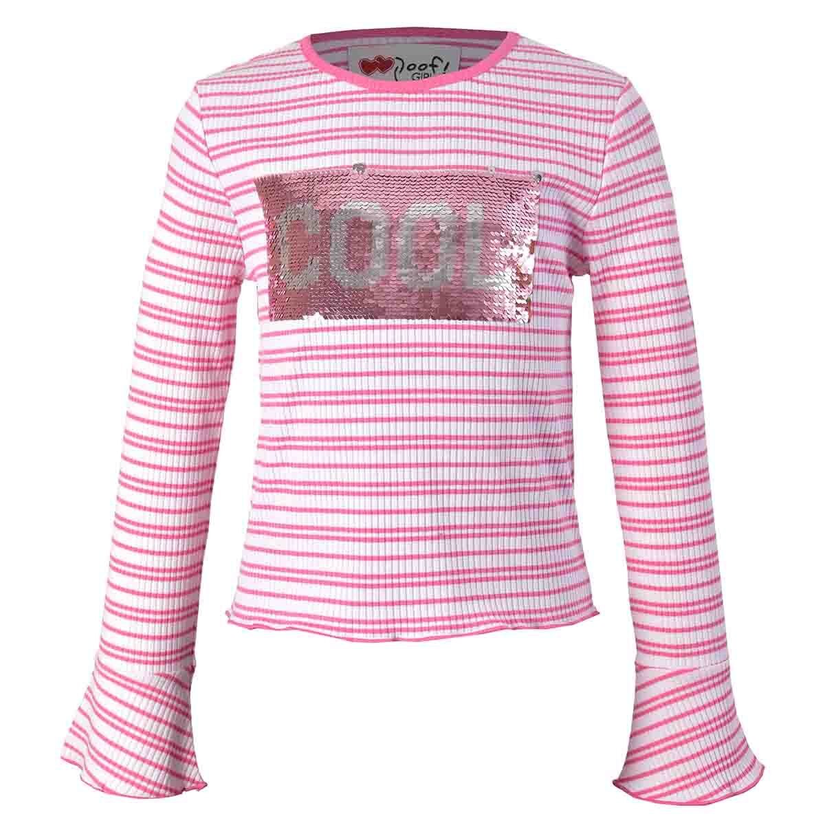T-Shirt a Rayas Manga Larga con Aplicación Poof Girls para Niña