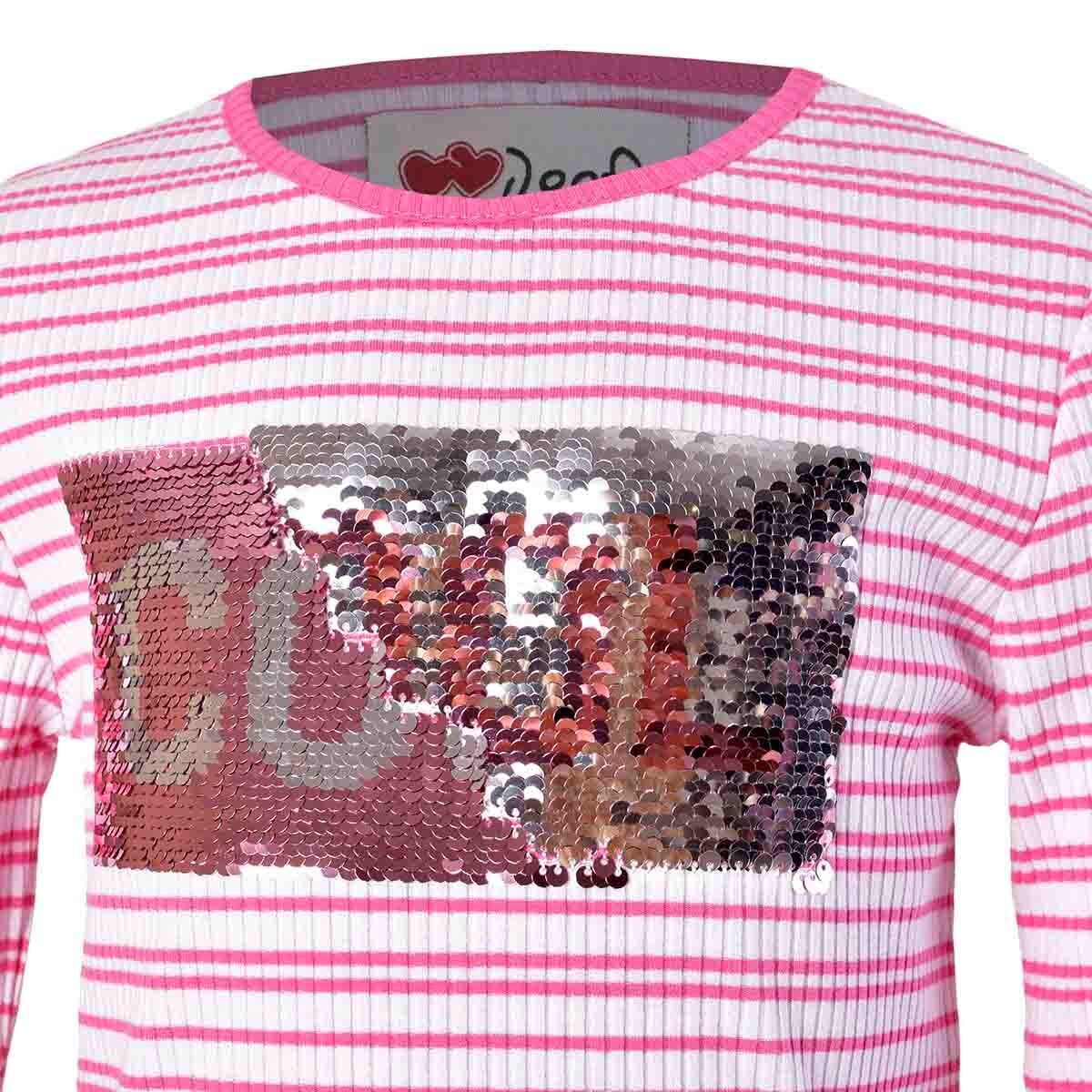 T-Shirt a Rayas Manga Larga con Aplicación Poof Girls para Niña