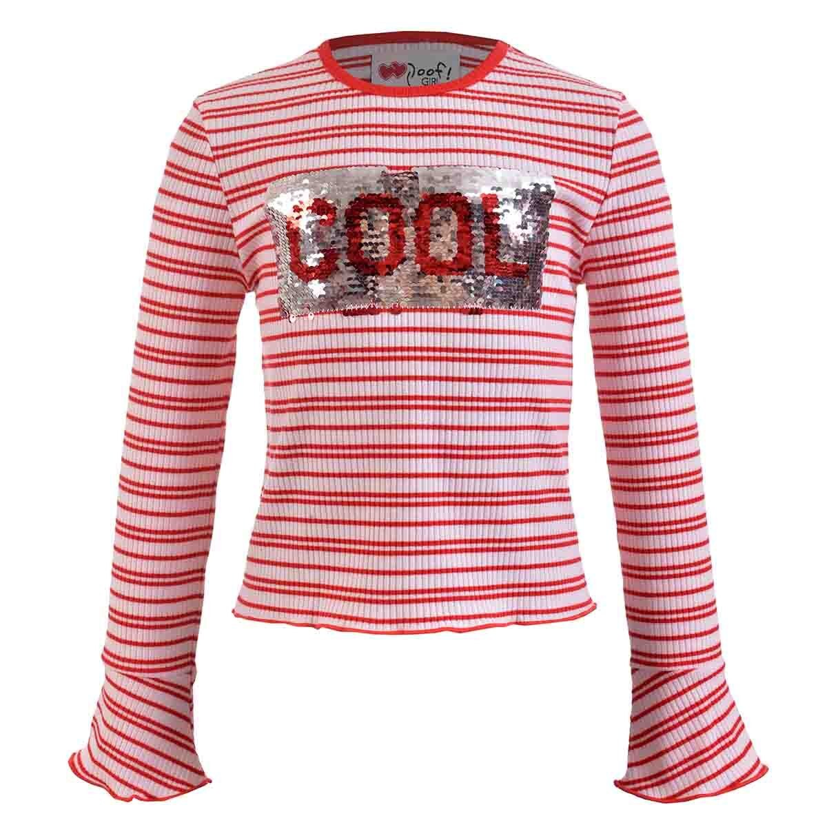 T-Shirt a Rayas Manga Larga con Aplicación Poof Girls para Niña