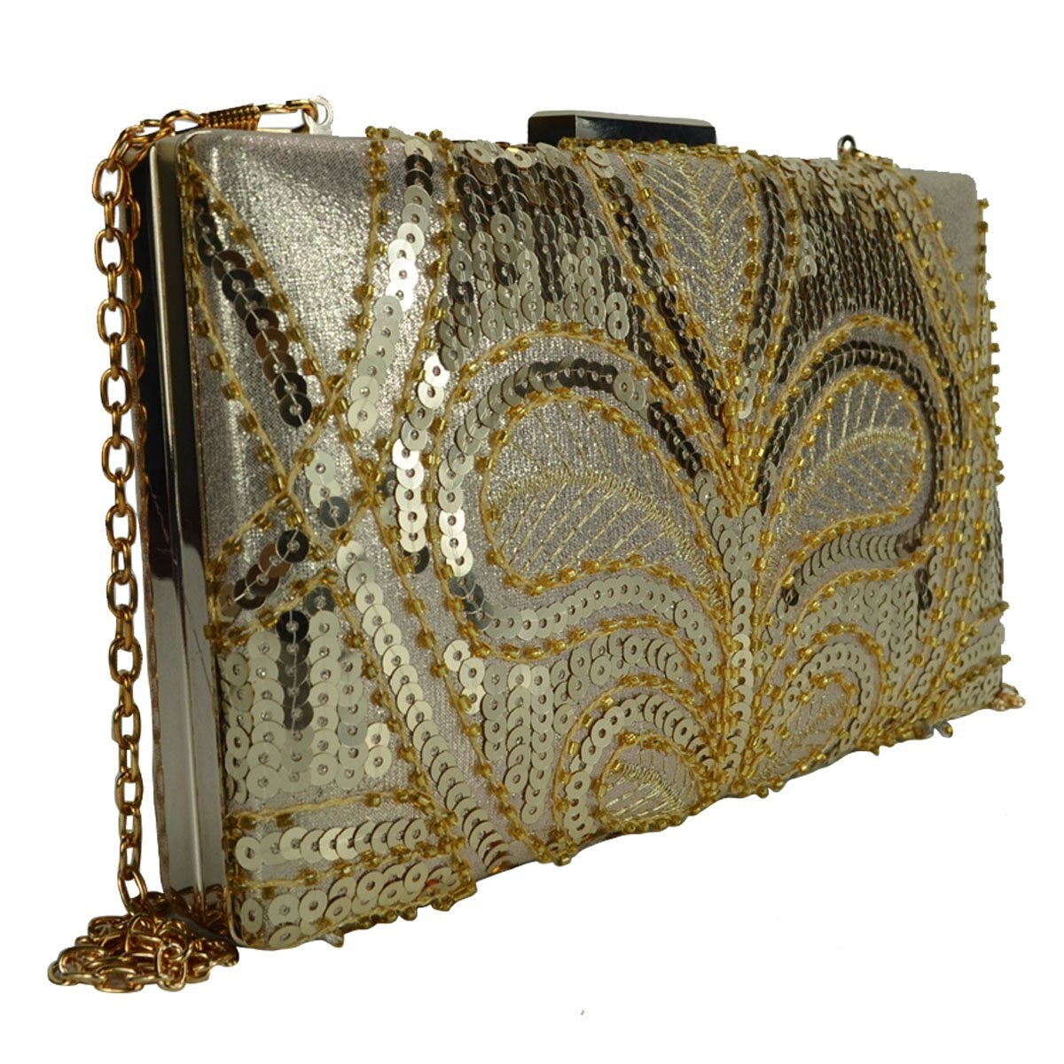 Cartera de Noche Dorada con Brillos Y Pedrería Huser para Dama