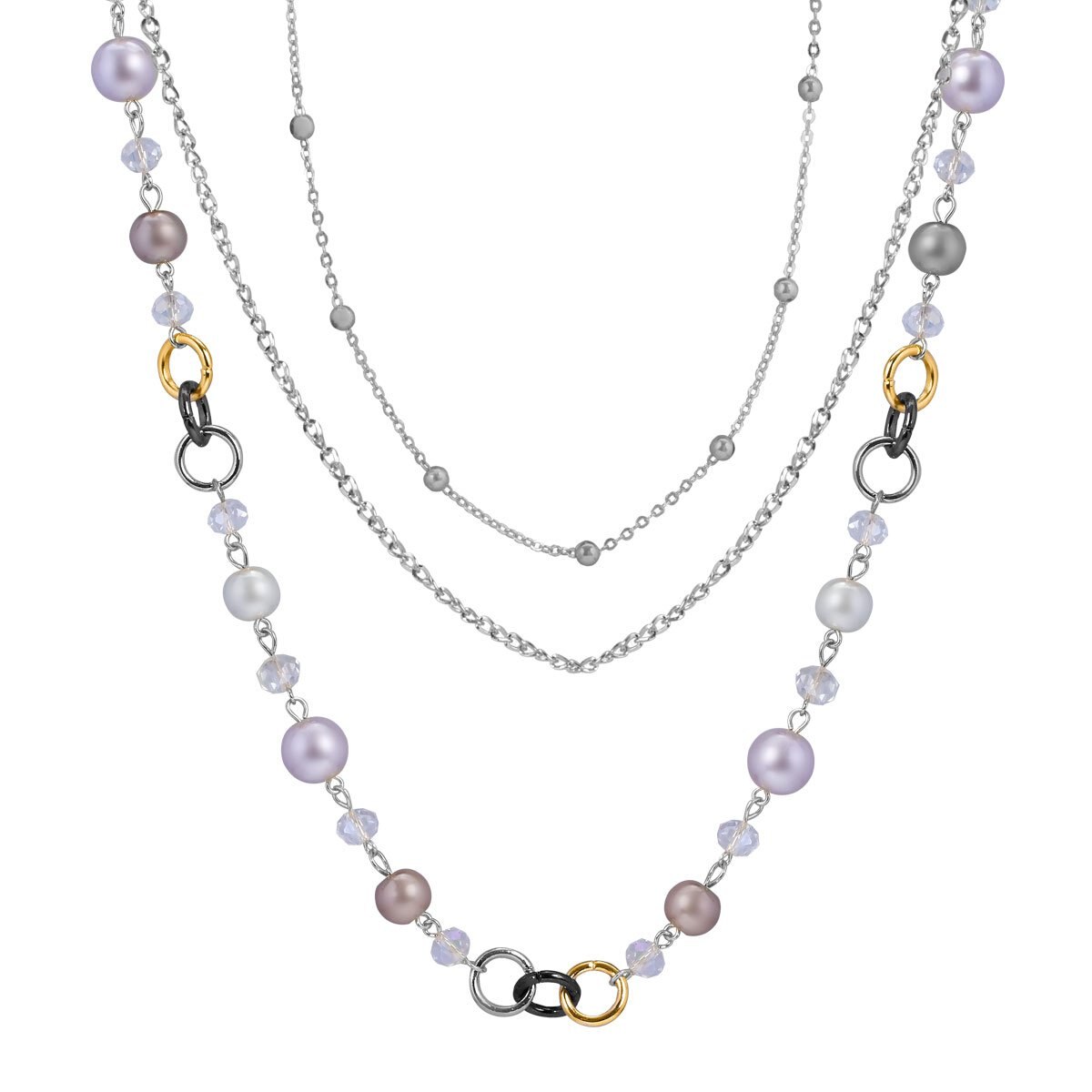 Collar en Tres Cadenas Color Plateado con Perlas Blancas Unlimited