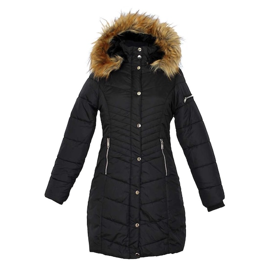 Chamarra Larga Negra Cuello Alto con Capucha de Pelo City Femme