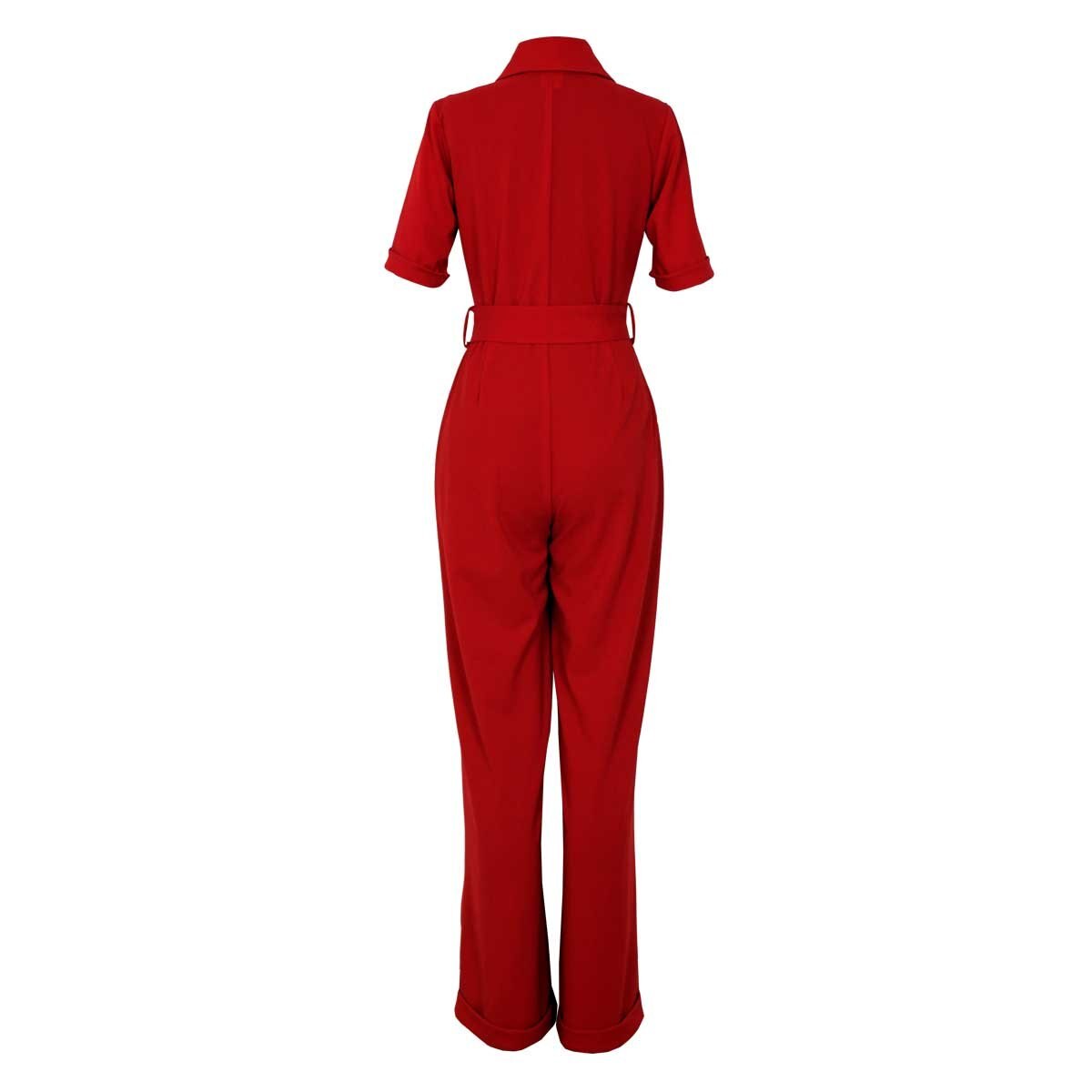 Jumpsuit Rojo con Manga Corta y Cuello Camisero con Cinturón Elle