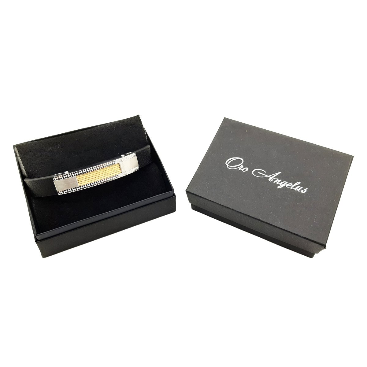 Pulsera de Piel con Placa en Acero Y Dorado Oro Angelus