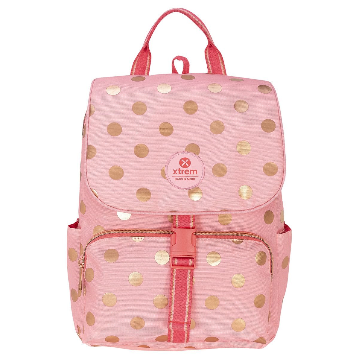 Mochila Rosa Bolitas Dorada Flap Xtrem