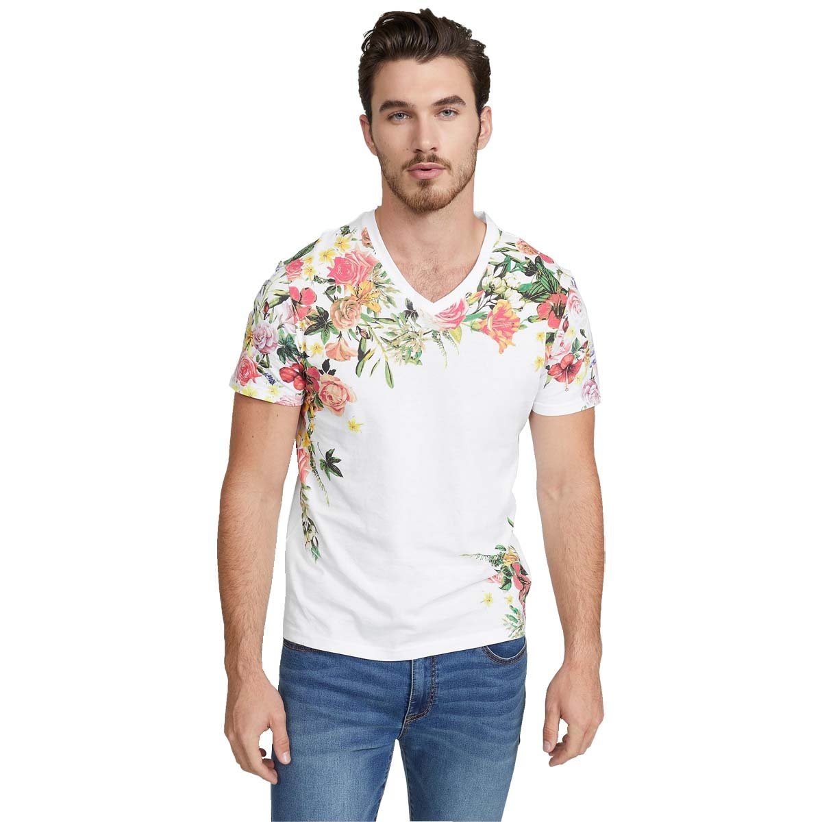 Playera Blanca con Estampado Floral G By Guess para Caballero