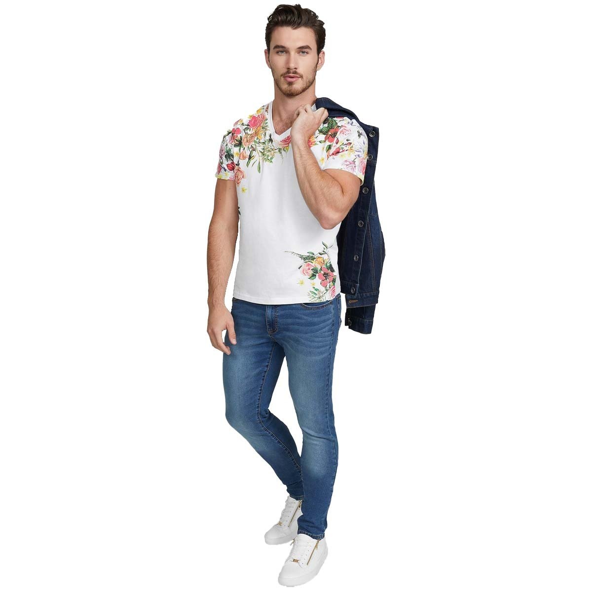 Playera Blanca con Estampado Floral G By Guess para Caballero