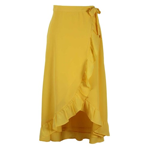 Falda de mujer de vestir de corte recto con volante en color amarillo.