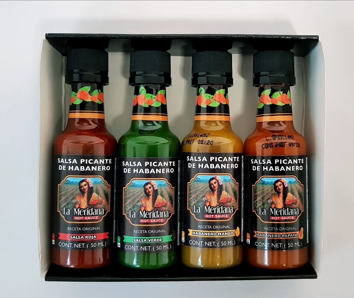 Set de Salsas de Chile Habanero Roja, Verde, Papaya, Mango la Meridana 4 Pzas