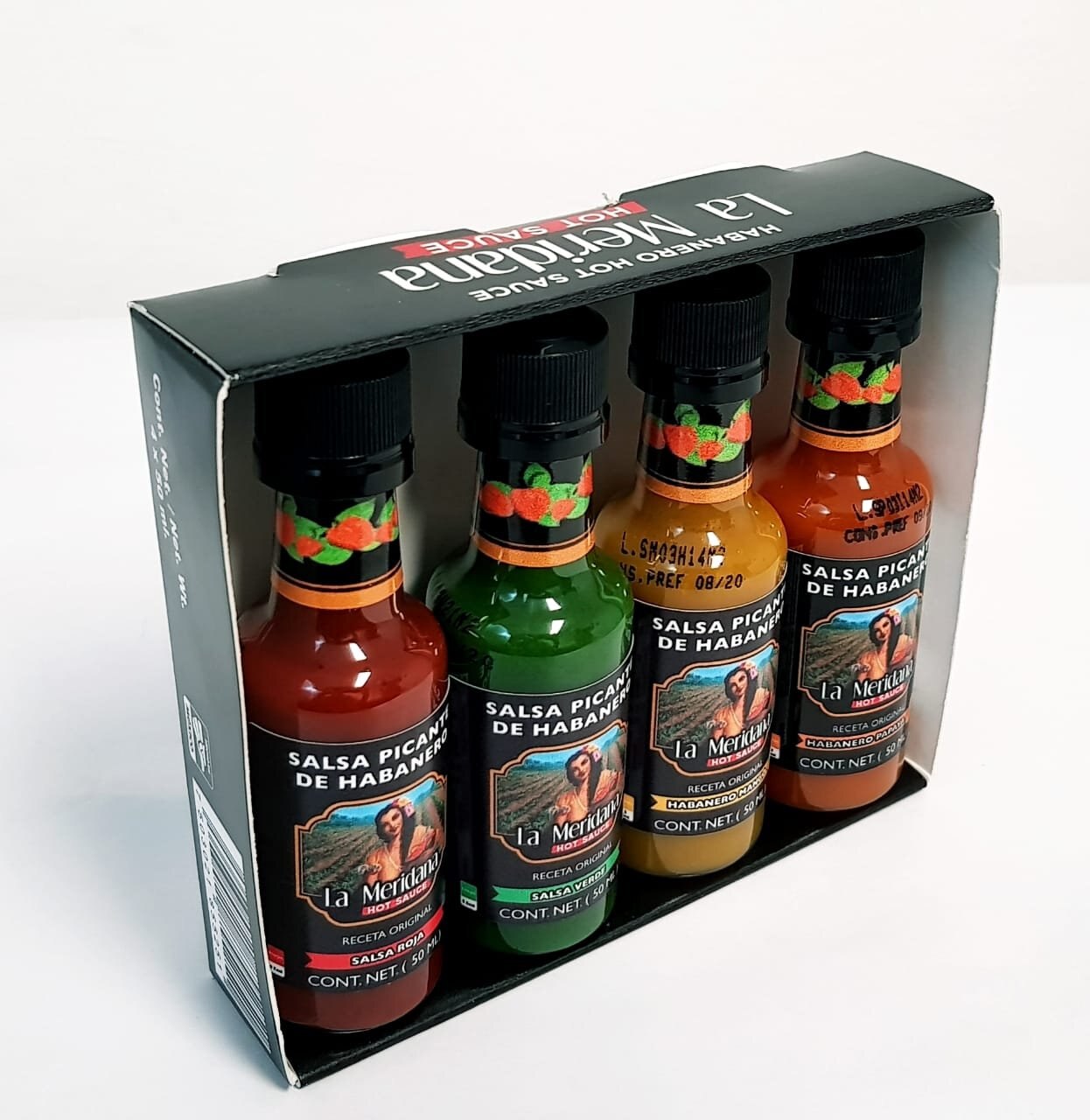 Set de Salsas de Chile Habanero Roja, Verde, Papaya, Mango la Meridana 4 Pzas