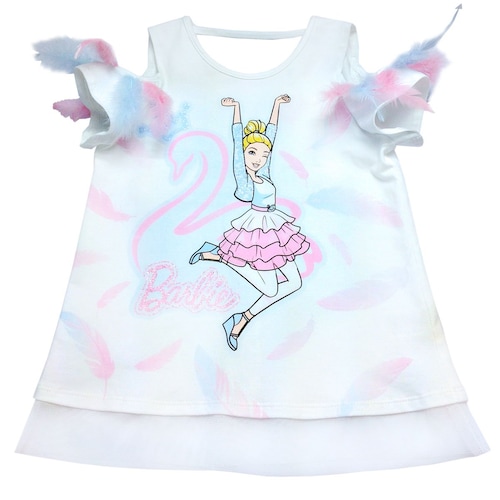 Playera de Licra Blanca Estampada con Aplicaciones Barbie para Niña