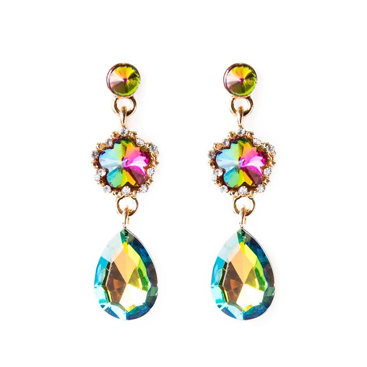 Aretes de Cristales Facetados Flor Y Gota Tornasol Wonder Charms