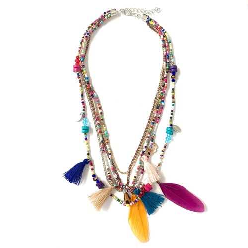 Collar Chaquira Y Plumas Multicolor 6 Hilos Aktuales