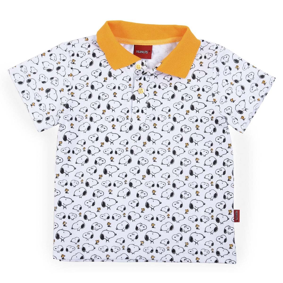 Playera Tipo Polo Blanca con Cuello Amarillo Snoopy para Niño