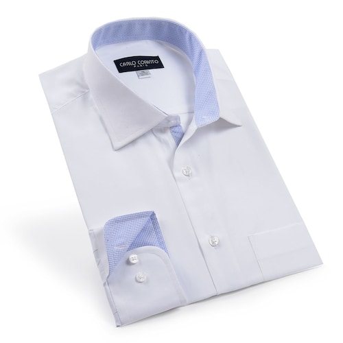 Camisa de Vestir Tradicional Blanca con Cuello Y Puños Azules Carlo Corinto Paris para Hombre