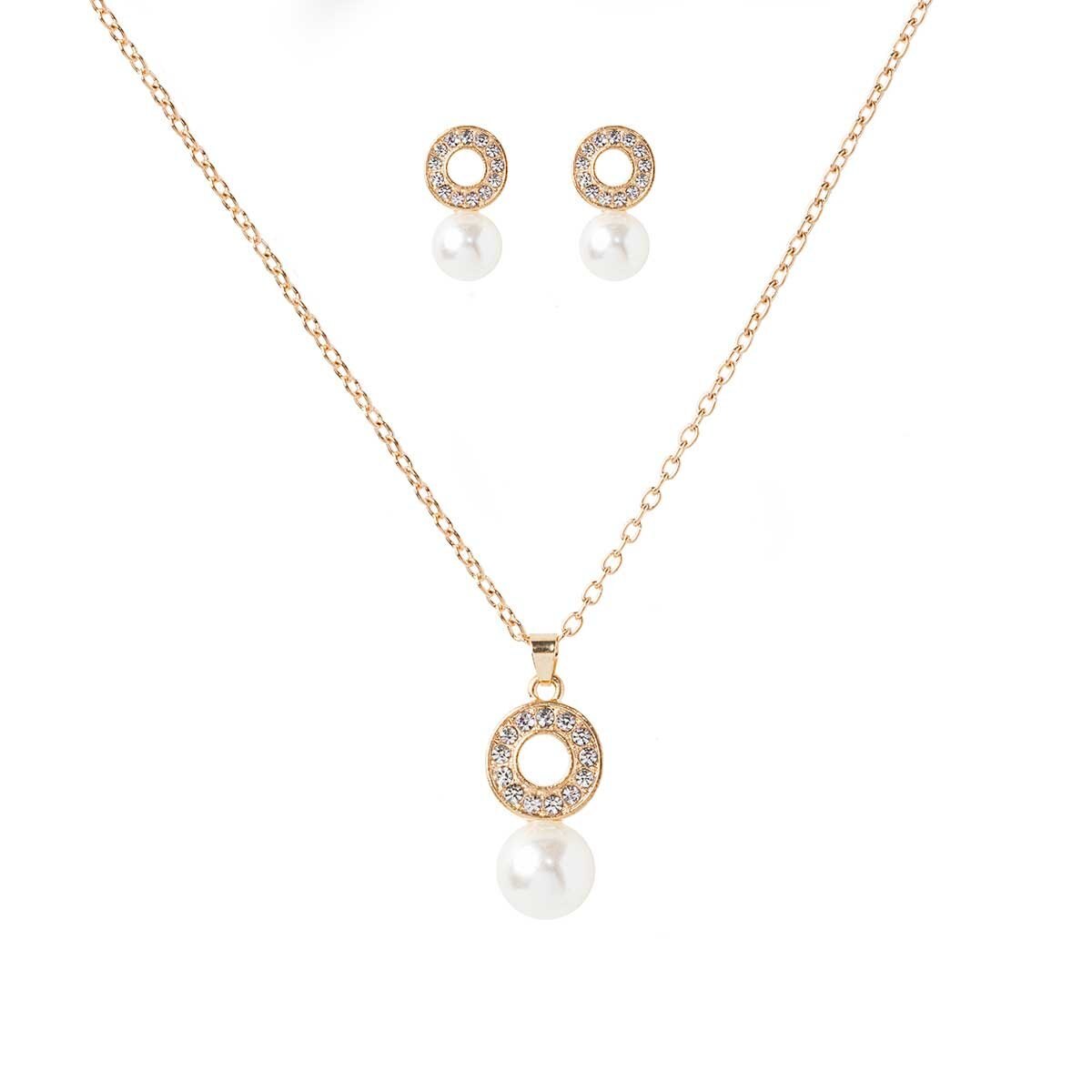 Juego de Aretes Y Collar de Aro con Cristales Y Perla Blanca Dorado Wonder Charms