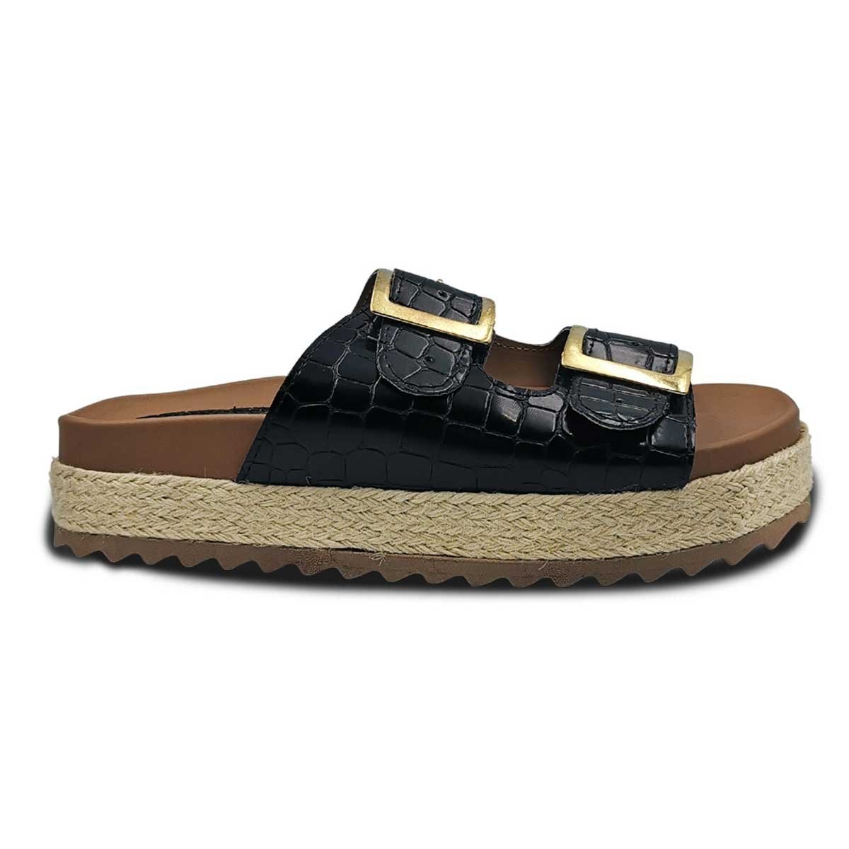 Sandalia Plana con Doble Hebilla Color Negro Philantrophy