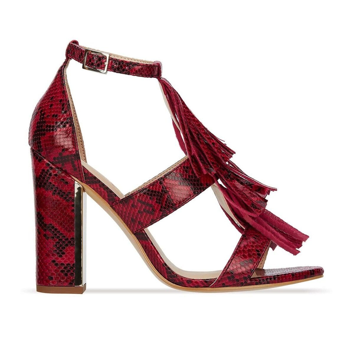Sandalia Rosa Snake Print con Tacón Y Flecos Andrea