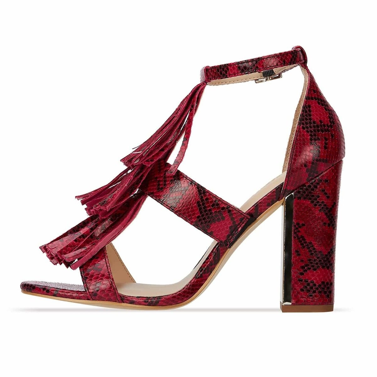 Sandalia Rosa Snake Print con Tacón Y Flecos Andrea