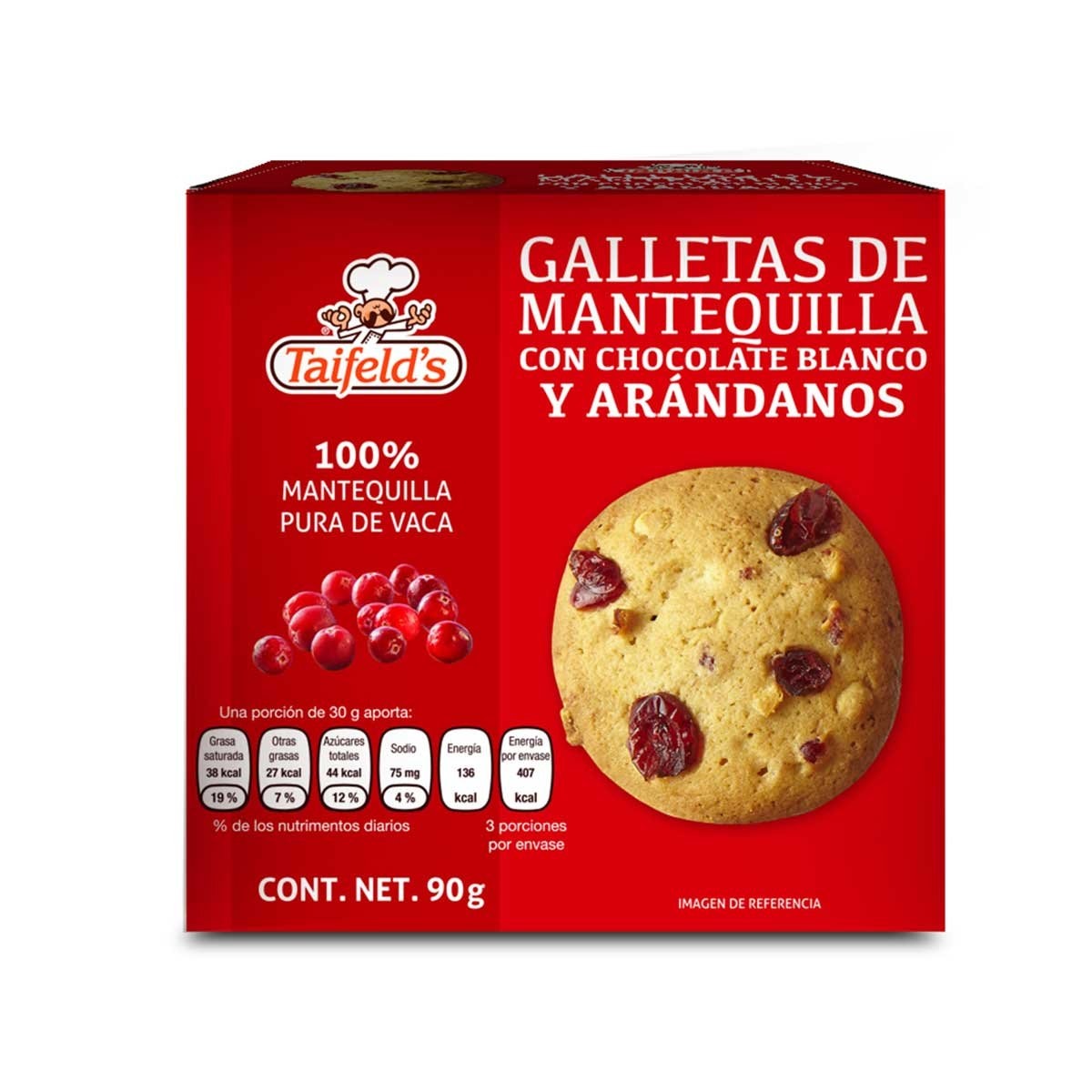 Galletas de Mantequilla con Chocolate Blanco y Arandanos 90 G Taifelds